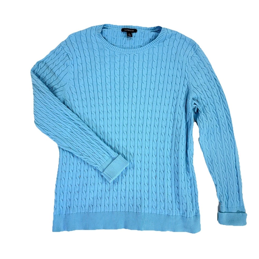 Lands End Drifter Sweater Cable Knit Fisherman Womens XL Chunky Blue 100% Cotton